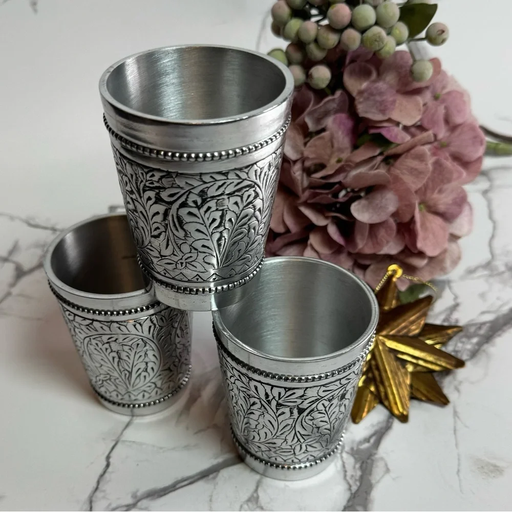 Pottery Barn Pewter Embossed Votive Candle Holders - vintage English cottage